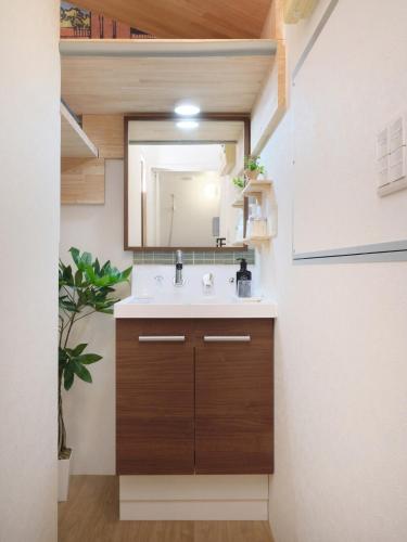 a bathroom with a sink and a mirror at Dearcourt Kichijoji 1F-3F in Musashino