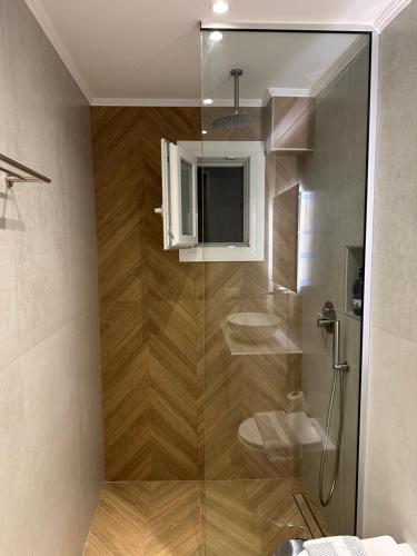 a bathroom with a shower with a toilet in it at K&L Luxury Suite 2 in Parga