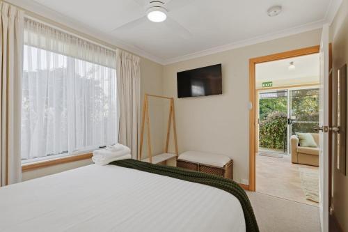 a bedroom with a white bed and a window at Sunlit Garden Granny Flat in Devonport
