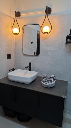 a bathroom sink with two lights and a mirror at Kot Ory Mountain View Studio in Moka