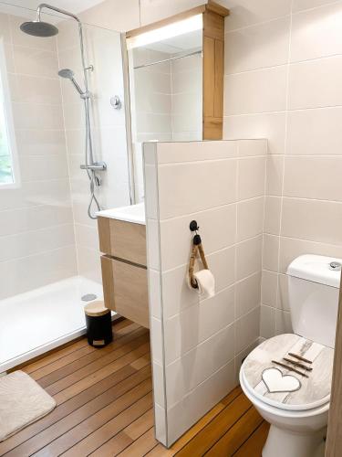 a bathroom with a toilet and a shower at Le COCON DU BASSIN in Arès