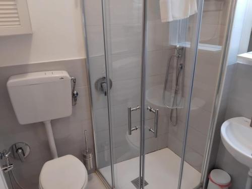 a bathroom with a shower with a toilet and a sink at Petriccioli seaview in Lerici