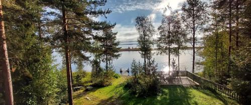 a view of a lake with trees and a dock at Tyyni Resort - Hirsihuvila Aalto in Liperi