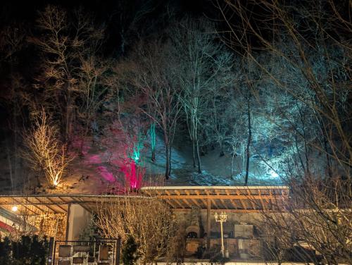 a night view of a bridge with christmas lights at Casa din padure in Orşova