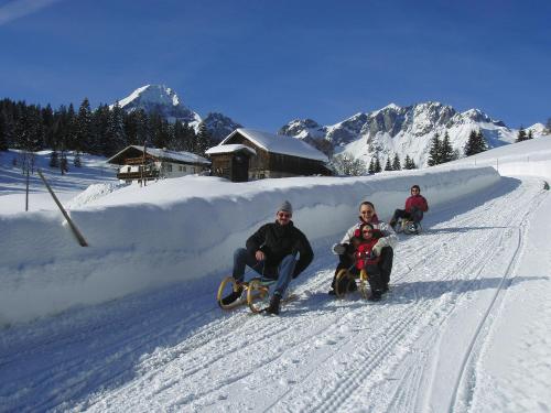 a group of three people riding in sleds in the snow at Schörghof in Abtenau