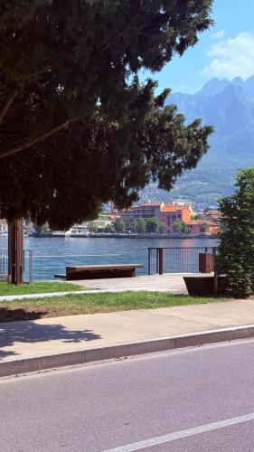 two benches on the side of a road next to a lake at Casa Everest in Malgrate
