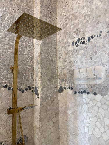a shower in a bathroom with a stone wall at Apartament Art & Lake View in Gryzliny