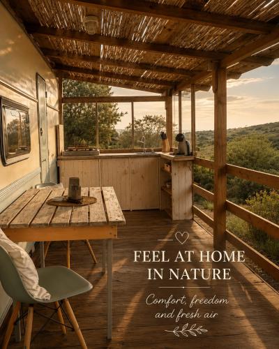 a screened in porch with a wooden table and chairs at La Cera Farm Camping B&B in Santa Teresa Gallura