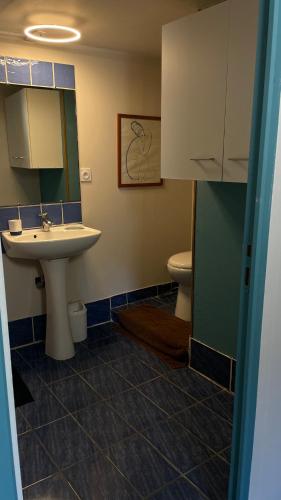 a bathroom with a sink and a toilet at Votre cocon en Ardèche Verte in Saint-Prix