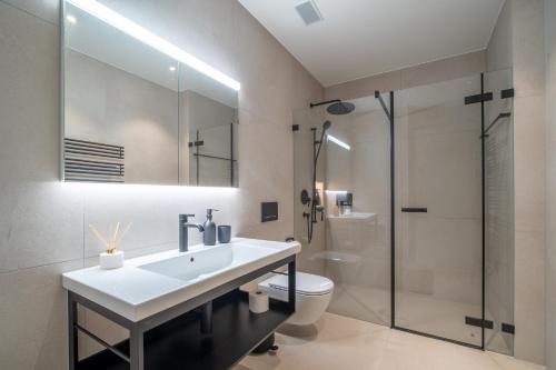 a bathroom with a sink and a toilet and a shower at Rigi Lakeside Apartments in Merlischachen