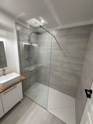 a bathroom with a glass shower and a sink at Gîte Région des Lacs - SPA et Sauna Privatif in Orgelet