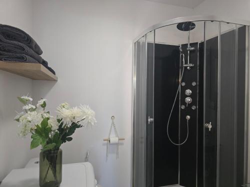 a bathroom with a shower with a vase of flowers at Appartement le Tilleul - Apparts Cosy in Saint-Pons