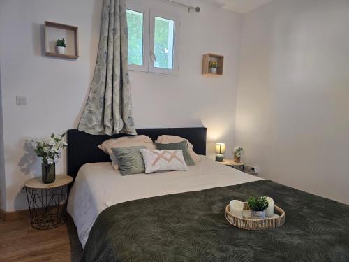 a bedroom with a large bed with two tables at Appartement le Tilleul - Apparts Cosy in Saint-Pons