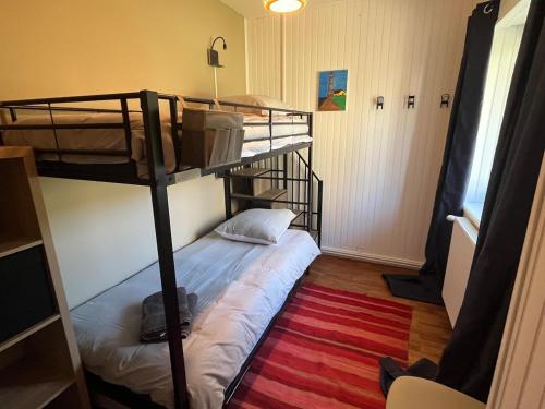 a room with two bunk beds and a rug at Chez Albert, in Saint-Ilpize