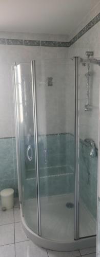 a shower with a glass door in a bathroom at La Genetouze in La Genétouze