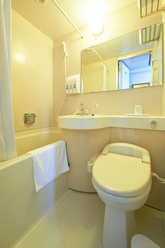 a bathroom with a toilet and a sink and a mirror at Hotel Select Inn Hachinohe Chuo in Hachinohe