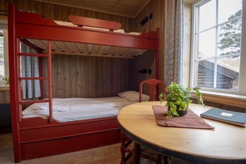 a room with a bunk bed and a table with a desk at Karstenstua in Holo