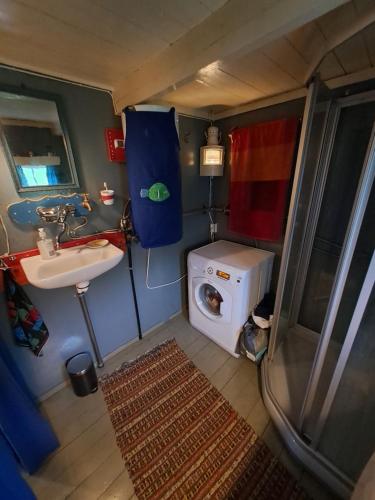 a small bathroom with a sink and a washing machine at The Old Cabin in Vikedal