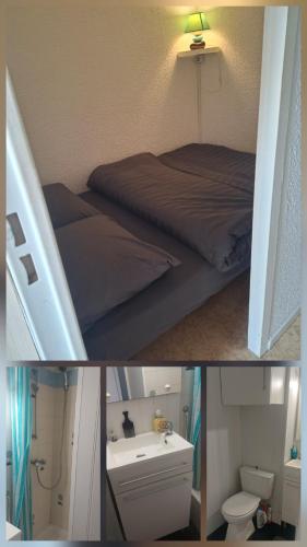two pictures of a bedroom with a bed and a bathroom at Appartement vu mer in Le Barcarès