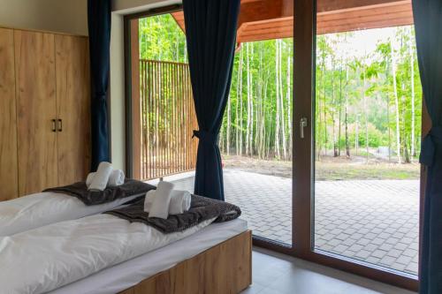 two beds in a room with a large window at Bardo CAMP in Bardo
