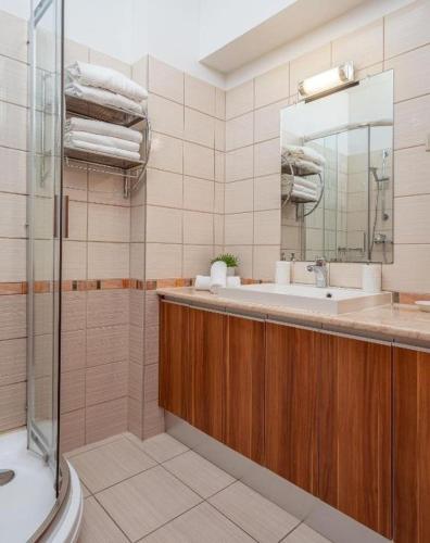 a bathroom with a shower and a sink and a mirror at BlueBird Apartments in Latschach