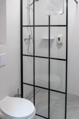 a glass shower door in a bathroom with a toilet at Bardo CAMP in Bardo