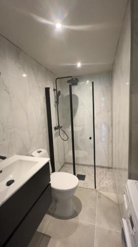 a bathroom with a shower and a toilet and a sink at Nye leiligheter nær Strand og rideklubb på Fevik! in Grimstad