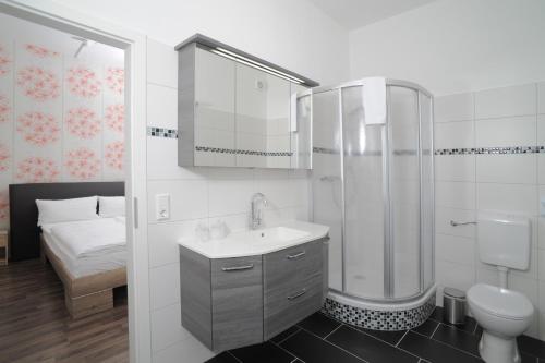 a bathroom with a sink and a shower and a toilet at Le petit Palais - Apartments in Bad Suderode