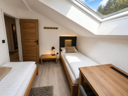two beds in a room with a skylight at Apartmány Panorama Harrachov in Harrachov