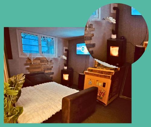 a bedroom with a bed and a large mirror at Cocon à la ferme - Lac du Der in Loisy-sur-Marne