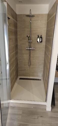 a bathroom with a shower with a glass door at cosy studio in Saint-Maximin-la-Sainte-Baume