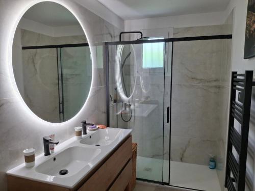 a bathroom with a sink and a shower with a mirror at La Petite Bergerie in Fréjus