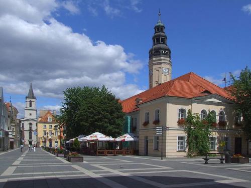 a town with a clock tower on a building at Anglo-Polish Holidays in Chycina