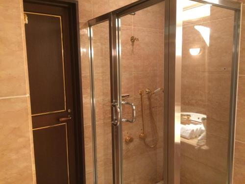 新居濱市的住宿－新居濱麗嘉皇家酒店，浴室里设有玻璃门淋浴