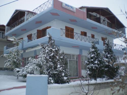 a building with snow covered trees in front of it at Hotel Limni in Agios Panteleimon