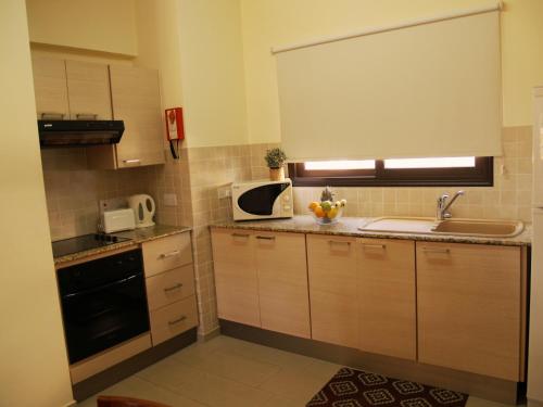 a small kitchen with a sink and a microwave at Kyklades Resort & Spa in Paralimni