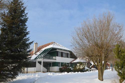 a house with snow on the roof at Penzion Horal in Osek