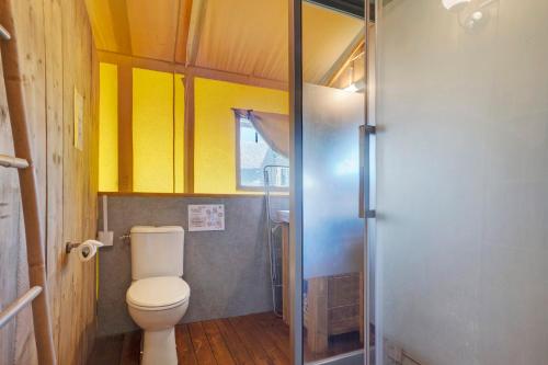 a small bathroom with a toilet and yellow walls at Lodge La Forêt in Saint-Sauveur