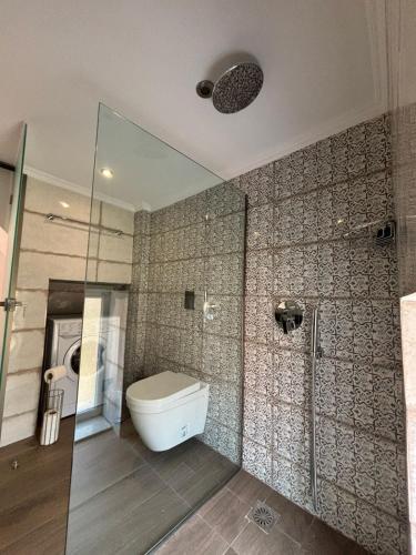 a bathroom with a toilet and a glass shower at Villa Rosa in Plomari