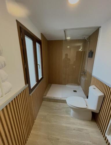 a bathroom with a toilet and a shower at Apartamentos Castro Urdiales Centro con Parking in Castro-Urdiales