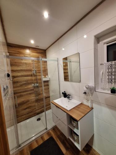 a bathroom with a shower and a sink and a mirror at Domki Wichrowe Wzgórze Bieszczady in Bukowiec