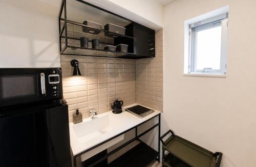 a small bathroom with a sink and a microwave at The Aoca Tokyo Kaminoge in Tokyo