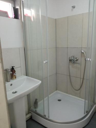 a bathroom with a shower and a sink at Special Guest House in Zugdidi