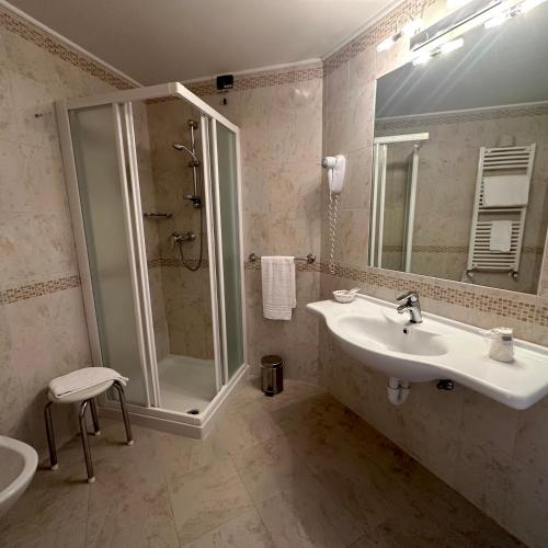 a bathroom with a shower and a sink and a mirror at Nature Bio Hotel Elite in Levico Terme