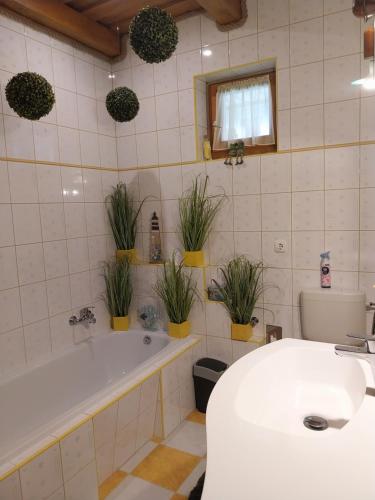 a bathroom with a tub and a sink and potted plants at Mangó Vendégház in Balatonszárszó