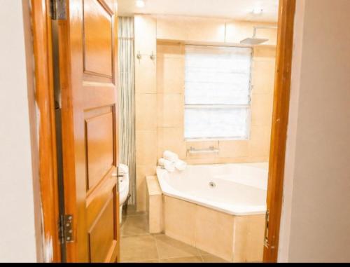 a bathroom with a tub and a sink and a window at Amplio y elegante monoambiente , de lujo in La Paz