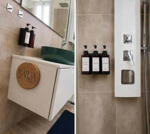 two pictures of a bathroom with a sink at Nàlua Sardinia Experience in Quartu SantʼElena
