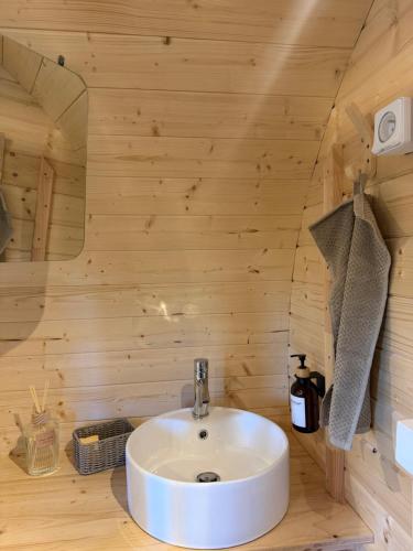 a bathroom with a white sink in a wooden room at Le Tonneau in Carcassonne