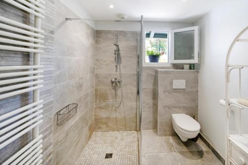 a bathroom with a shower stall and a toilet at Chambre d'hôtes Ganttipienea in Ahetze