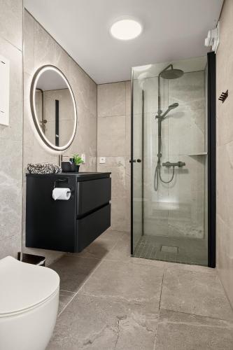 a bathroom with a shower and a toilet and a mirror at Hagehuset in Kragerø